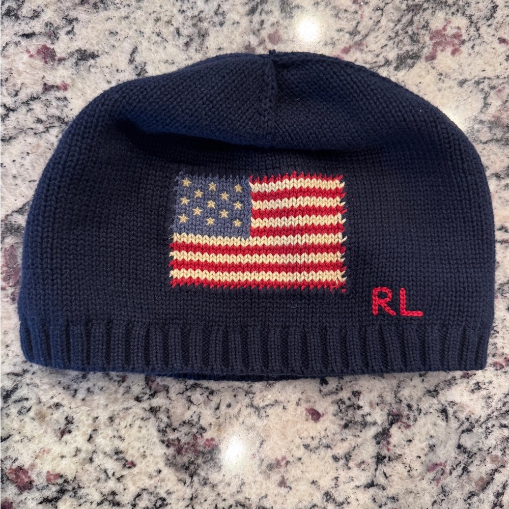 Ralph Lauren Navy Knit Kids Beanie with American Flag